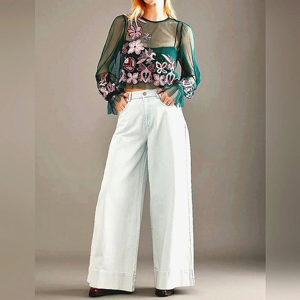 NWT By Anthropologie Long-Sleeve Embroidered Cropped Mesh Top Size 1X - Picture 16 of 16